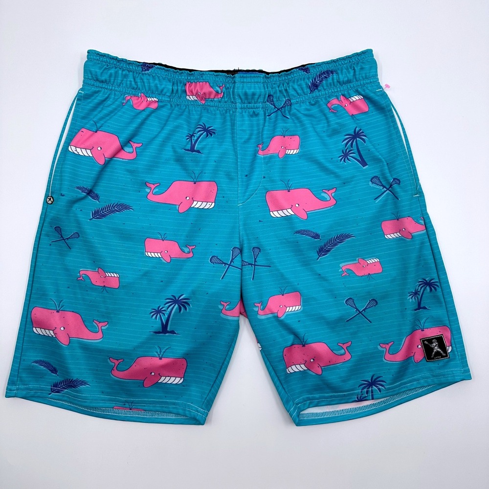 Lacrosse Unlimited Mens Whale Palm Tree Athletic Shorts Teal Pink Medium